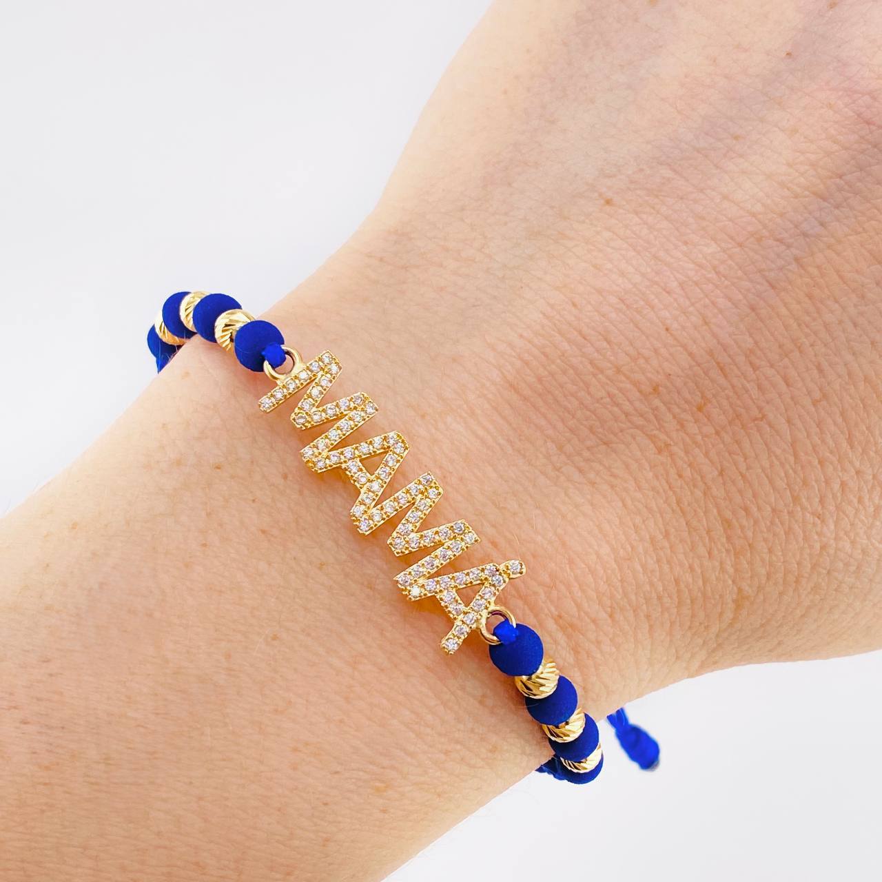 Pulsera Tejida Azul Herraje Mamá - Bolas 4Mm / 6 Und Oro Amarillo 18K (A.C)