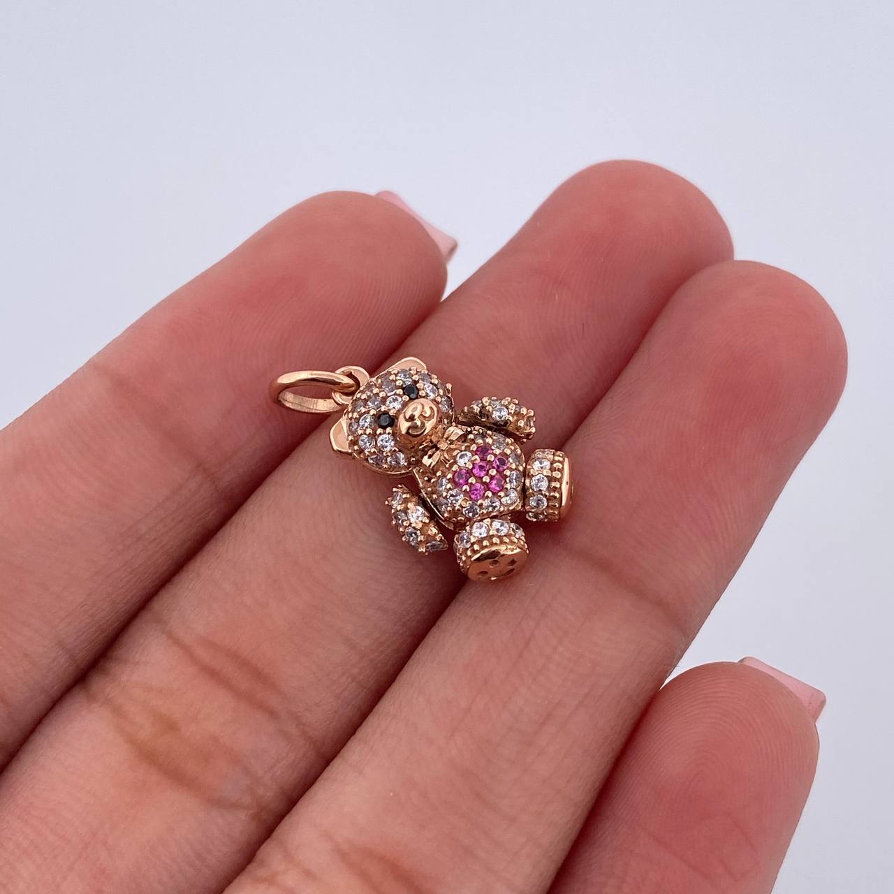 Dije Oso Articulado Mini 2.4gr / 2cm / Circones Fucsias Negros Blancos Oro Rosa 18K $