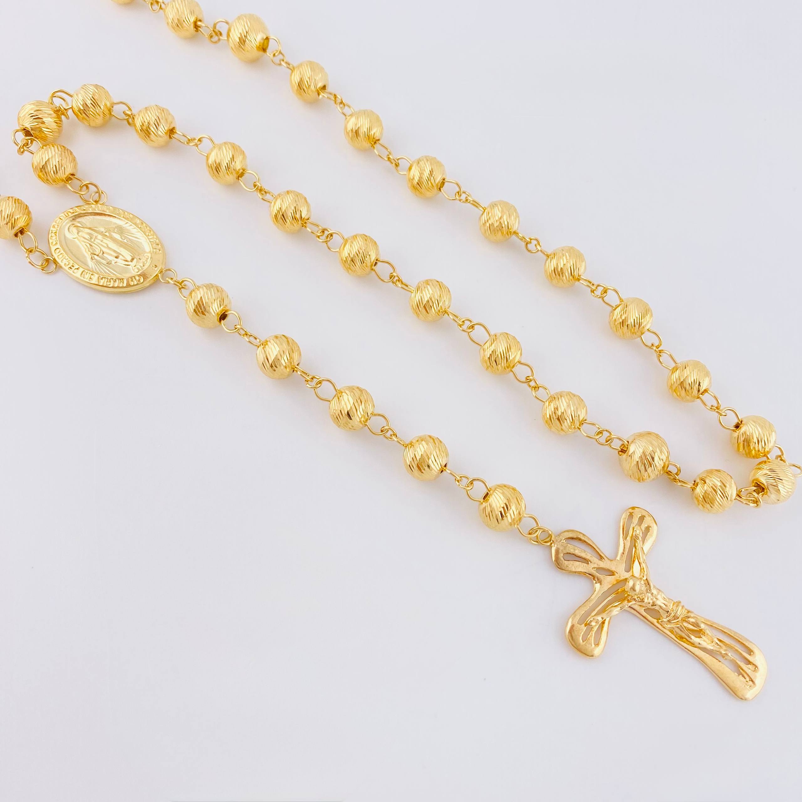 Rosario Virgen Milagrosa Crúz Cristo Bardera 29.7gr / 75cm / 7mm-8mm Oro Amarillo 18K