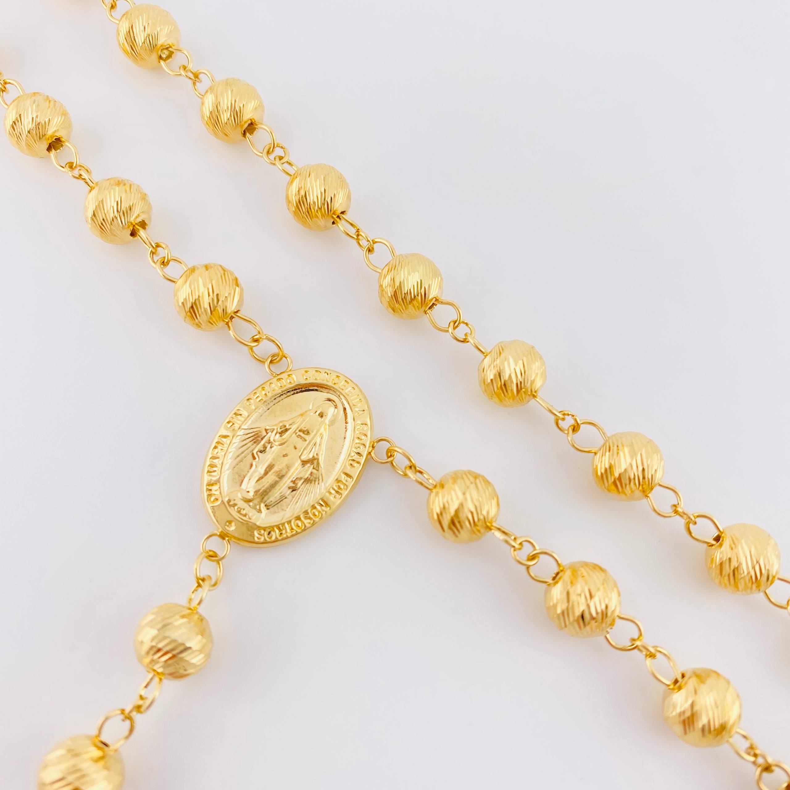Rosario Virgen Milagrosa Crúz Cristo Bardera 29.7gr / 75cm / 7mm-8mm Oro Amarillo 18K