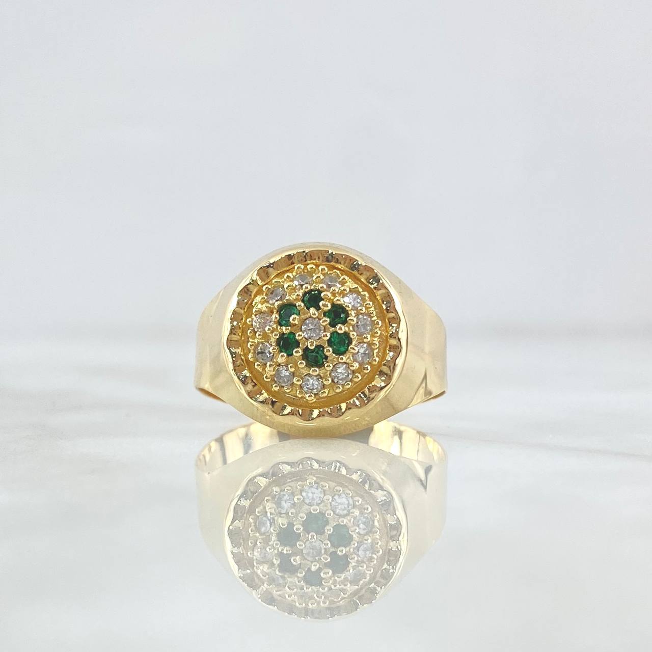 Anillo Sello Floreado 4.35gr / T11 1/4 / Circones Blancos Y Verdes Oro Amarillo 18K