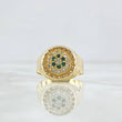 Anillo Sello Floreado 4.35gr / T11 1/4 / Circones Blancos Y Verdes Oro Amarillo 18K