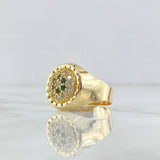 Anillo Sello Floreado 4.35gr / T11 1/4 / Circones Blancos Y Verdes Oro Amarillo 18K