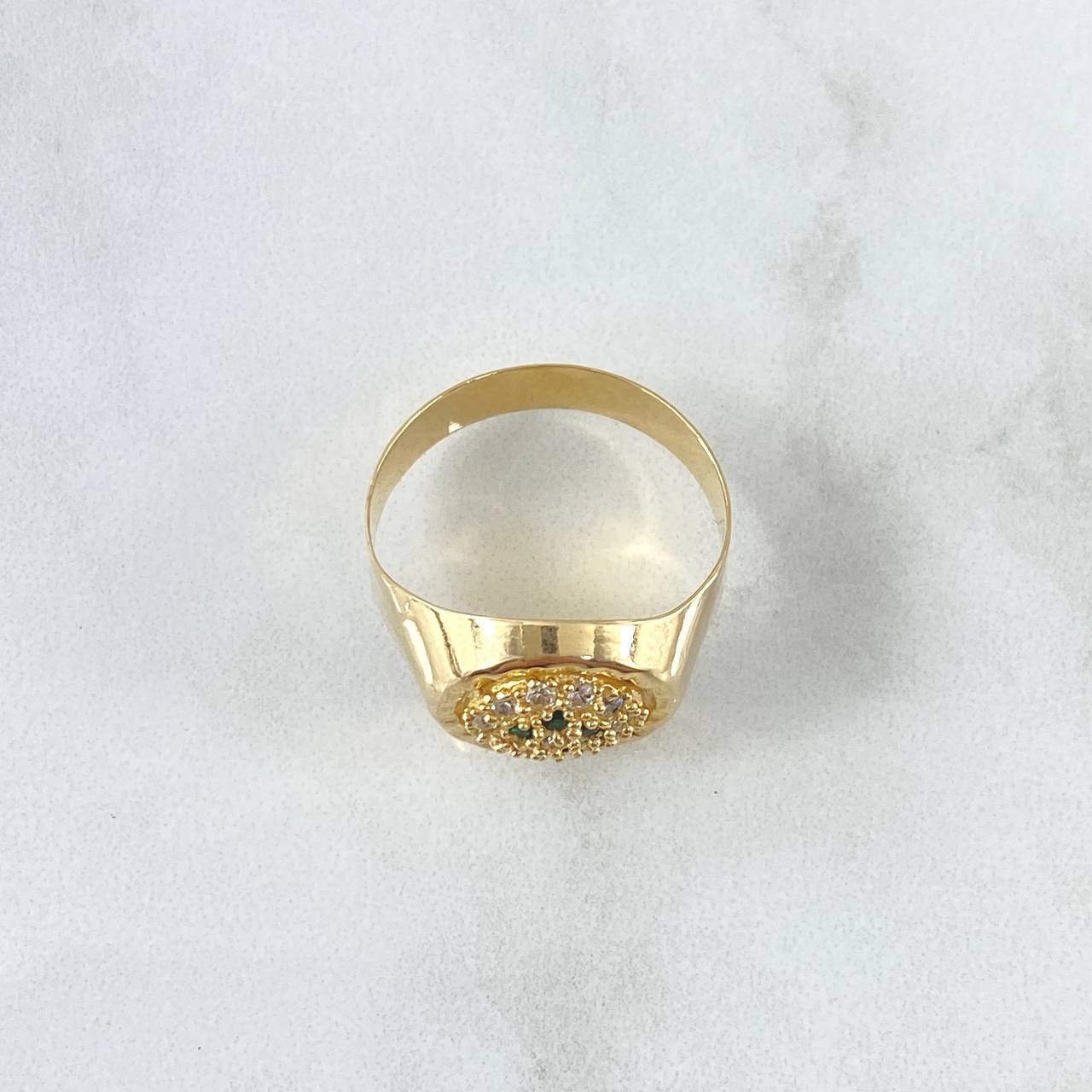 Anillo Sello Floreado 4.35gr / T11 1/4 / Circones Blancos Y Verdes Oro Amarillo 18K