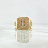 Anillo Sello Dólar 16.85gr / T12 / Cuadro Texturizado-Circones Blancos Oro Amarillo 18K