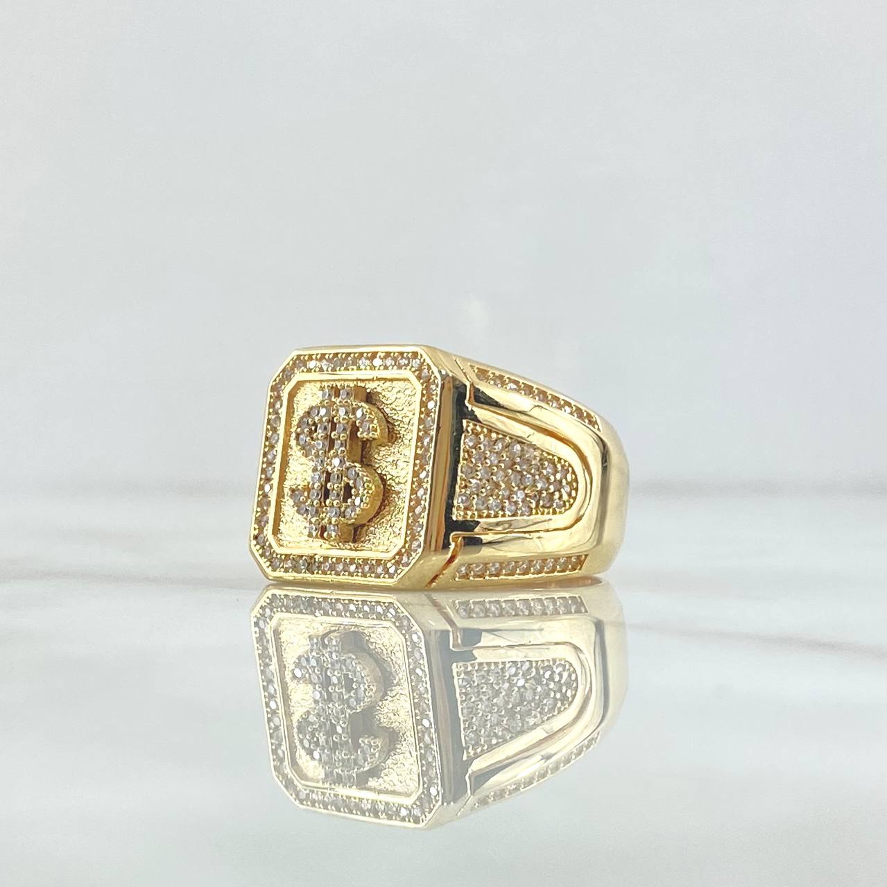 Anillo Sello Dólar 16.85gr / T12 / Cuadro Texturizado-Circones Blancos Oro Amarillo 18K