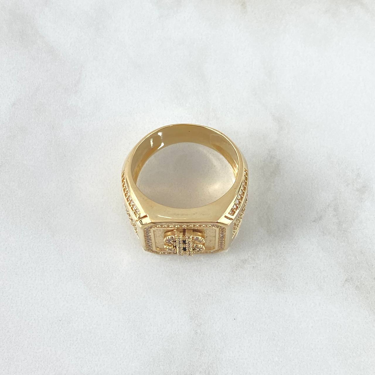 Anillo Sello Dólar 16.85gr / T12 / Cuadro Texturizado-Circones Blancos Oro Amarillo 18K