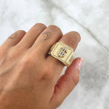 Anillo Sello Dólar 16.85gr / T12 / Cuadro Texturizado-Circones Blancos Oro Amarillo 18K
