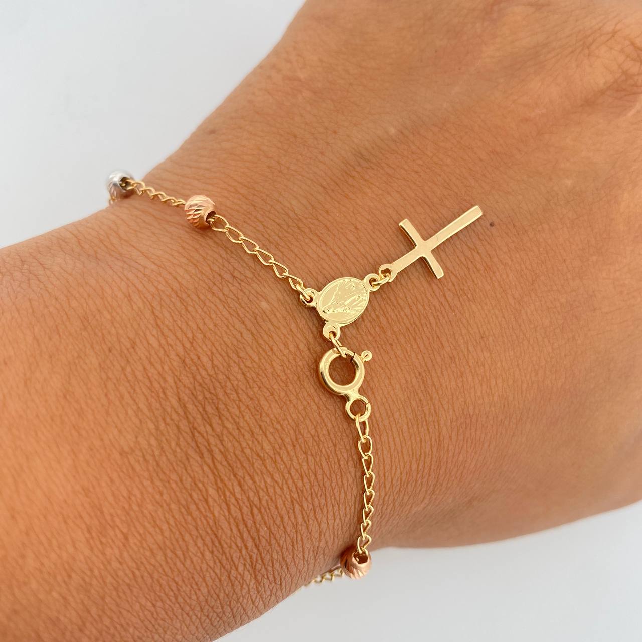 Pulso Denario Virgen Milagrosa 2.7gr / 19.5cm / 4mm Bolas Diamantadas Tres Oros 18K &