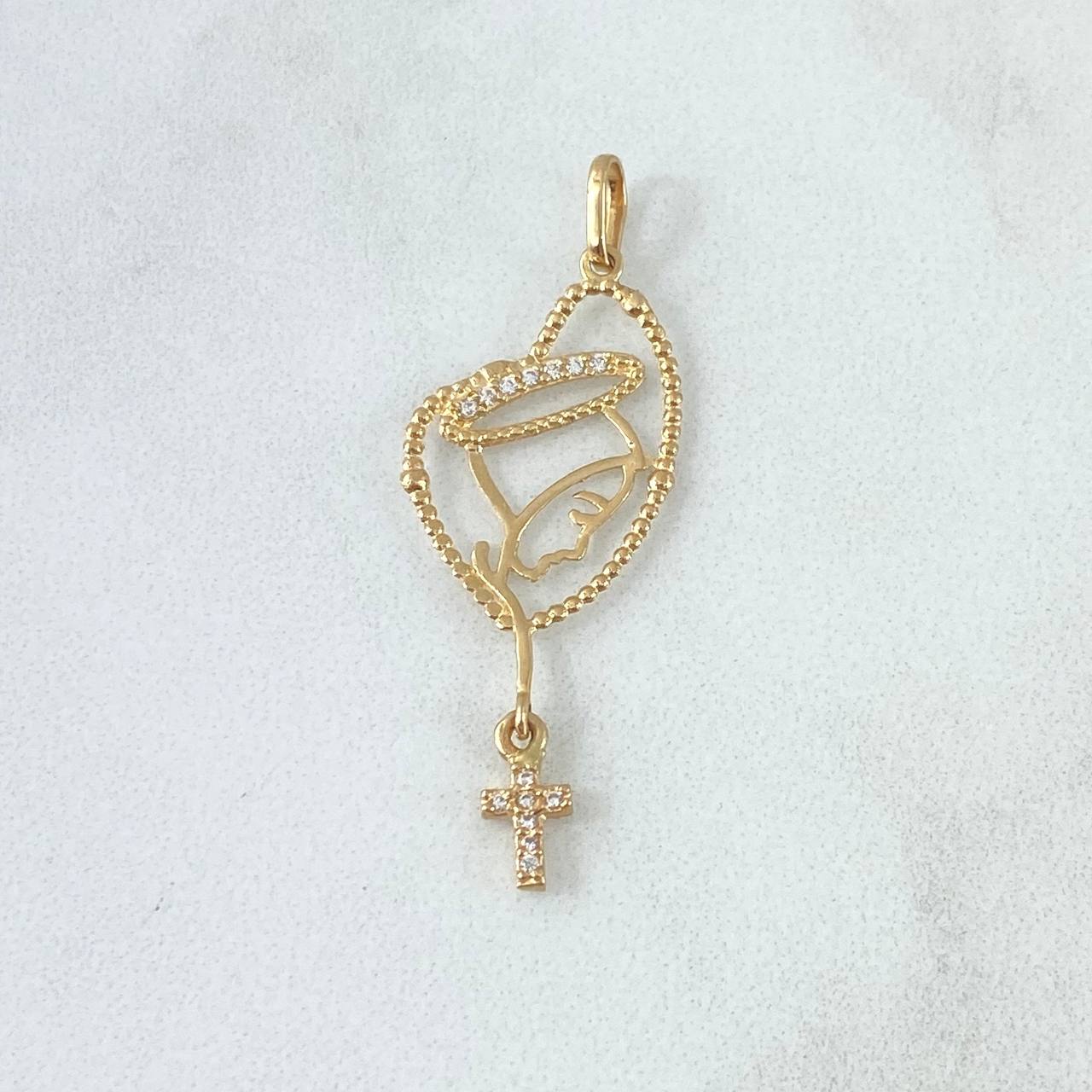 Dije Rosario Virgen Maria 1.1gr / 4.1cm / Circones Blancos Oro Amarillo 18K