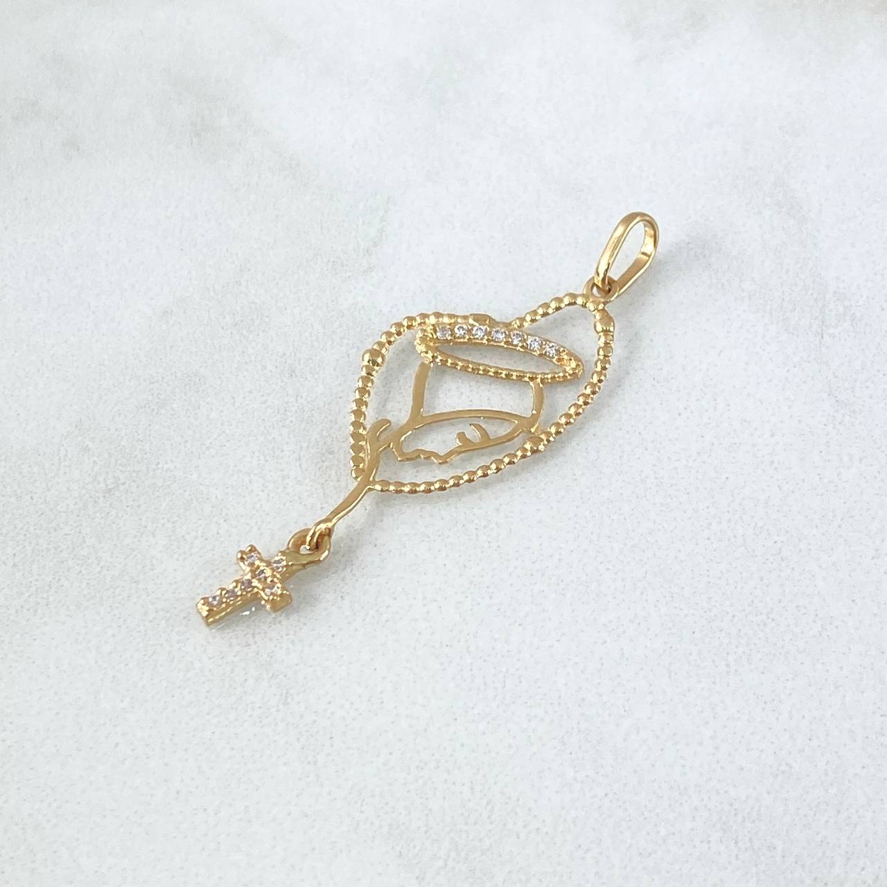 Dije Rosario Virgen Maria 1.1gr / 4.1cm / Circones Blancos Oro Amarillo 18K