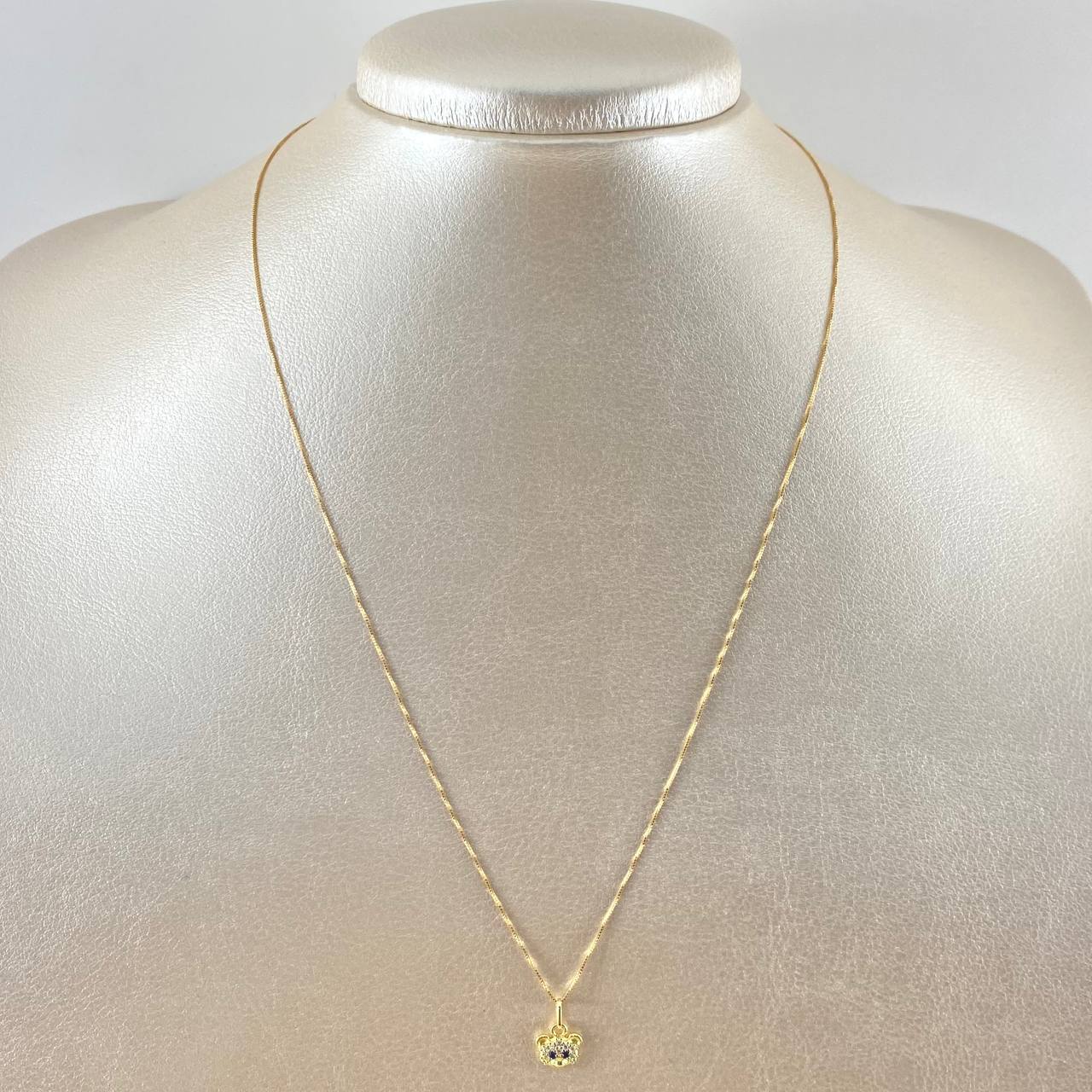 Set Cadena Veneciana 0.95gr / 45cm / 0.5mm + Dije Cara Oso 0.4gr / 1.1cm Circones Blancos Azul 1.35gr Oro Amarillo 18K (Oferta)