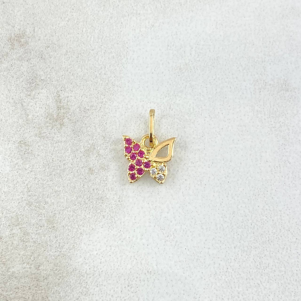 Dije Mariposa Parcial 0.4gr / 1cm / Circones Fucsias Y Blancos Oro Amarillo 18K ©