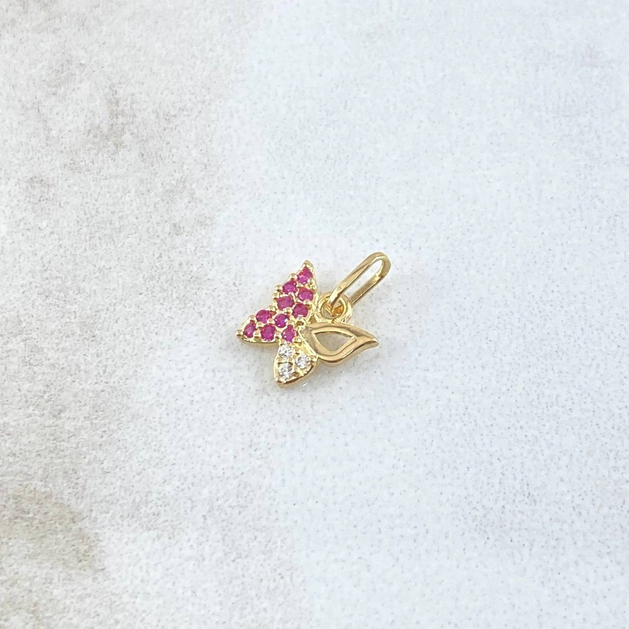 Dije Mariposa Parcial 0.4gr / 1cm / Circones Fucsias Y Blancos Oro Amarillo 18K ©