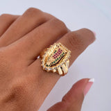 Anillo Virgen Guadalupe 7.45gr / T6 3/4 / Circones Fucsias Verdes Blancos Oro Amarillo 18K &