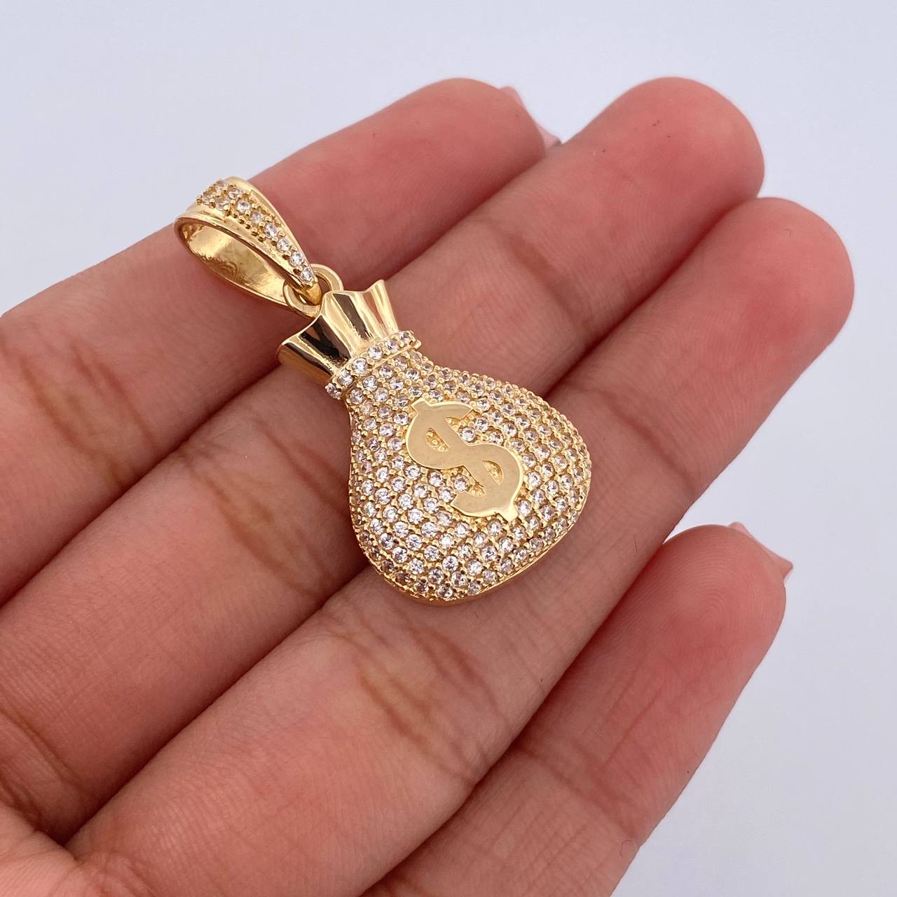 Dije Bolsa Dinero 4.8gr / 3.5cm / Circones Blancos Oro Amarillo 18K $