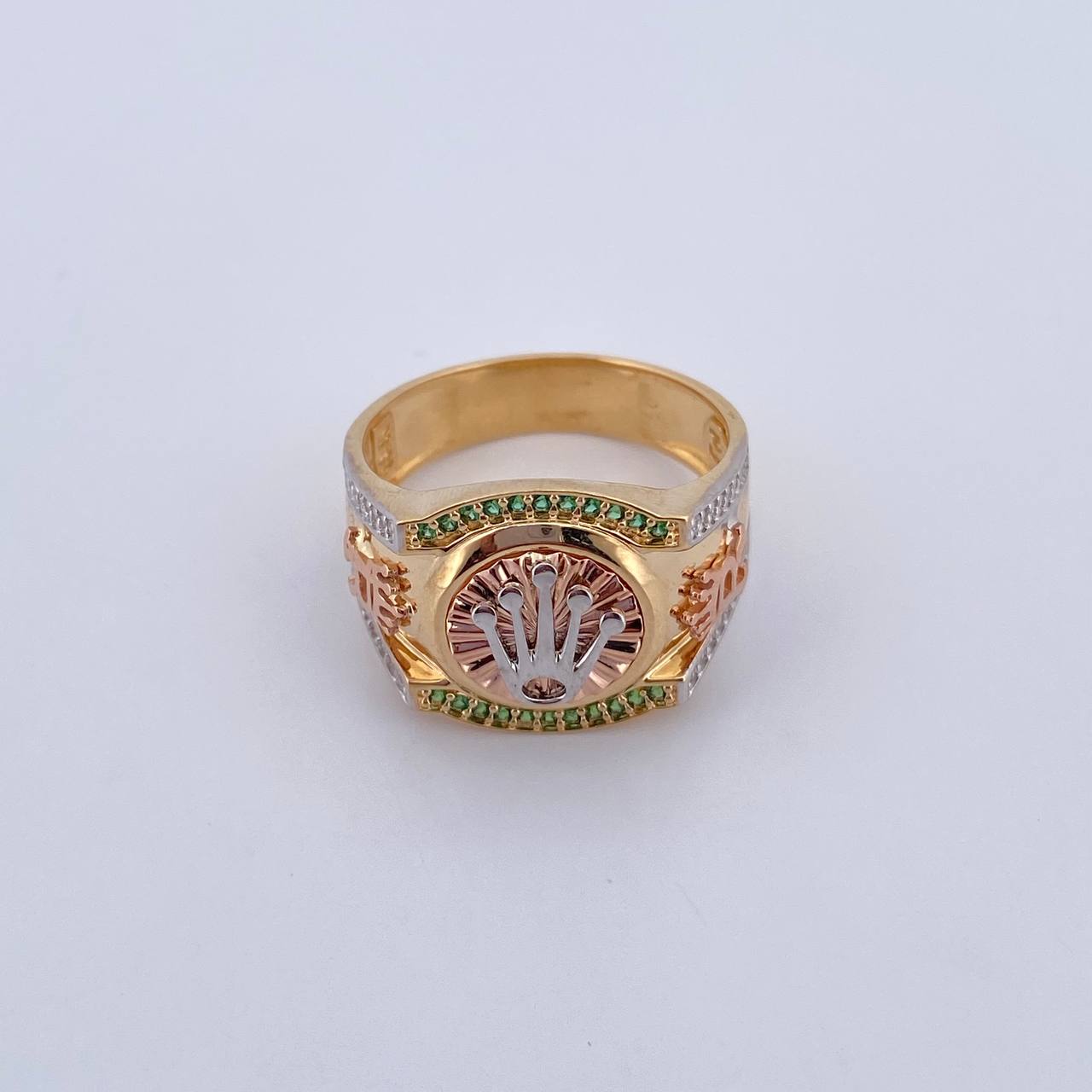 Anillo Corona RX 7.1gr / T9 / Circones Verdes Blancos Tres Oros 18K $