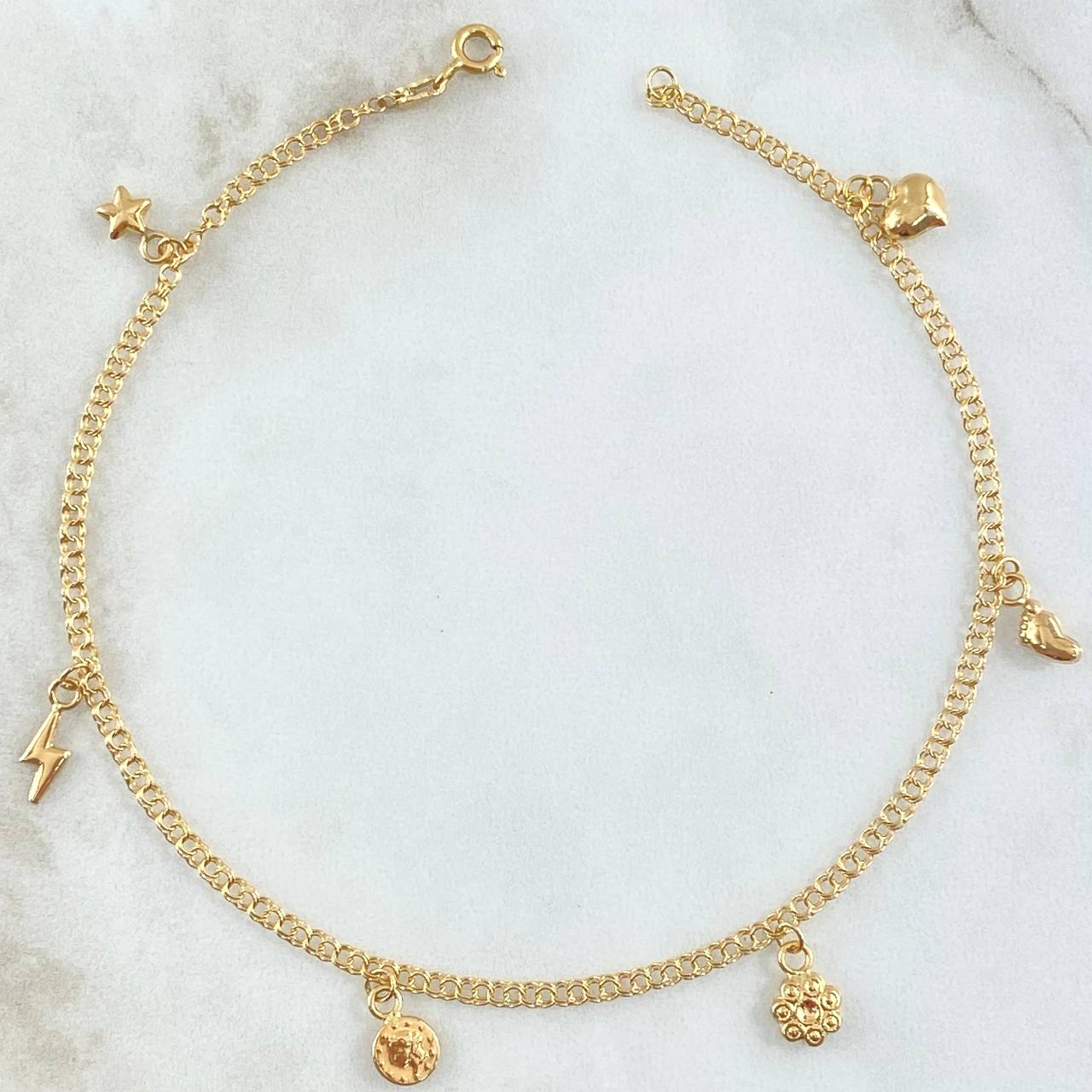 Tobillera Aro Seguido 3.6gr / 26cm / 2.4mm Estrella-Rayo-Rostro Reina-Flor-Huella-Corazon Oro Amarillo 18K ©