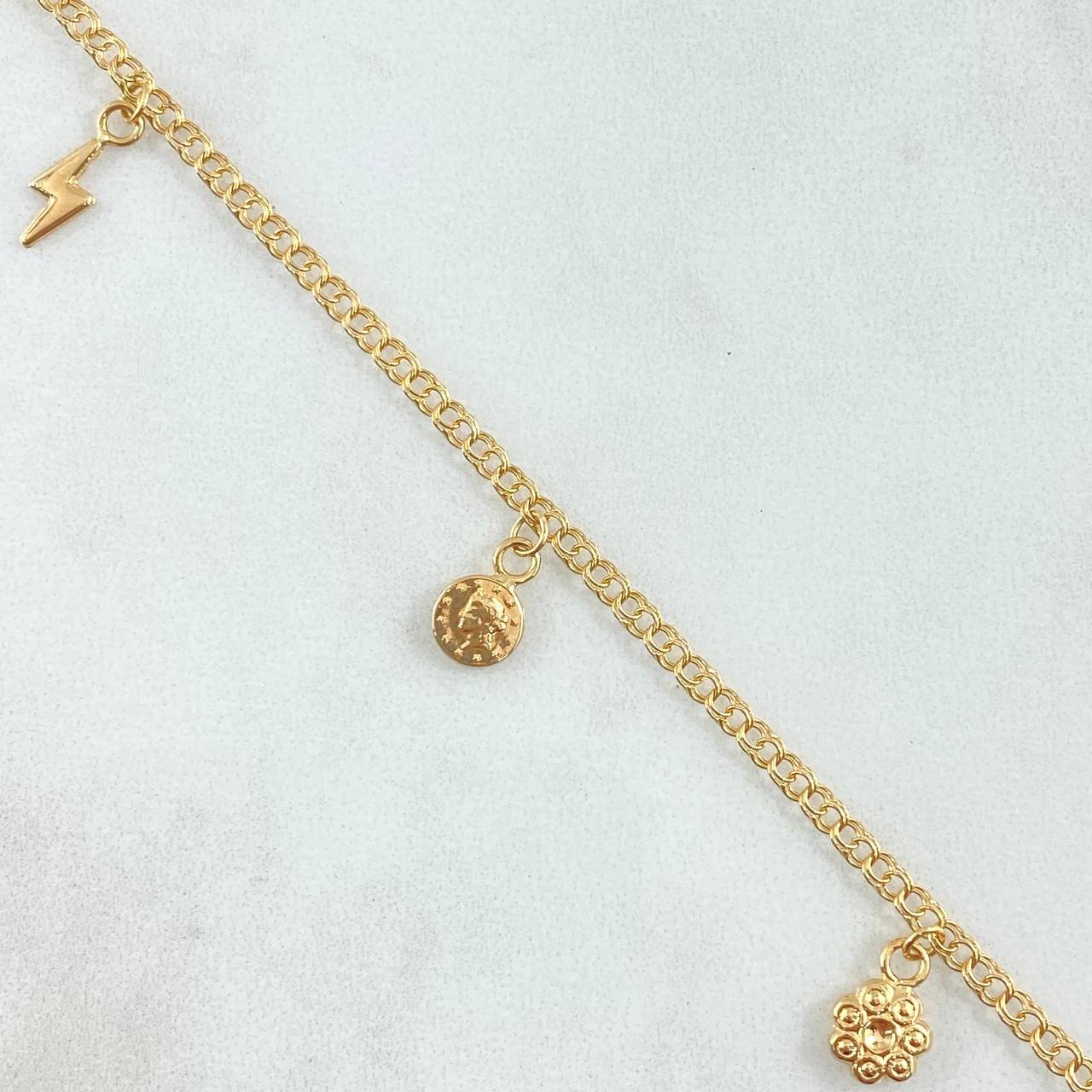 Tobillera Aro Seguido 3.6gr / 26cm / 2.4mm Estrella-Rayo-Rostro Reina-Flor-Huella-Corazon Oro Amarillo 18K ©