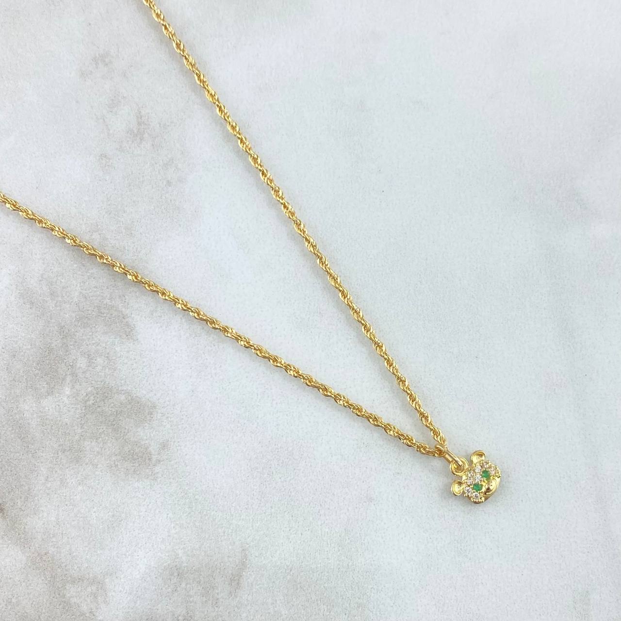 Set Cadena Lazo 1.35gr / 50cm / 1.2mm + Dije Cara Oso 0.4gr / 1.1cm Circones Blancos Verde 1.75gr Oro Amarillo 18K (Oferta) ©