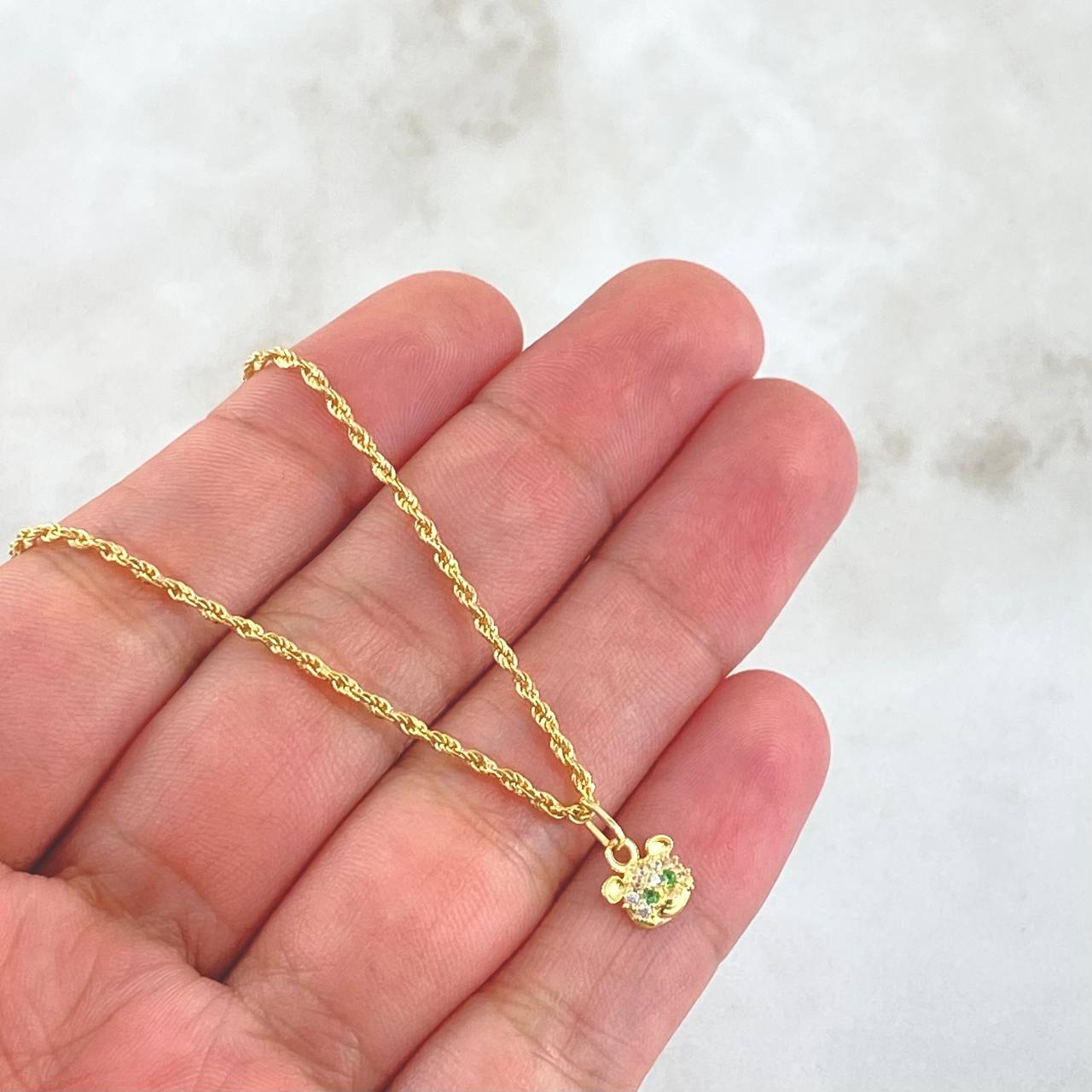 Set Cadena Lazo 1.35gr / 50cm / 1.2mm + Dije Cara Oso 0.4gr / 1.1cm Circones Blancos Verde 1.75gr Oro Amarillo 18K (Oferta) ©