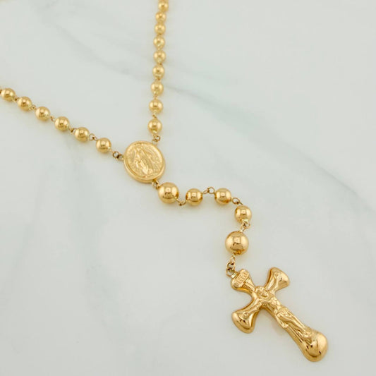 Rosario Virgen Milagrosa Cruz Cristo 12.85gr / 53.7cm / 5mm-6mm Oro Amarillo 18K $