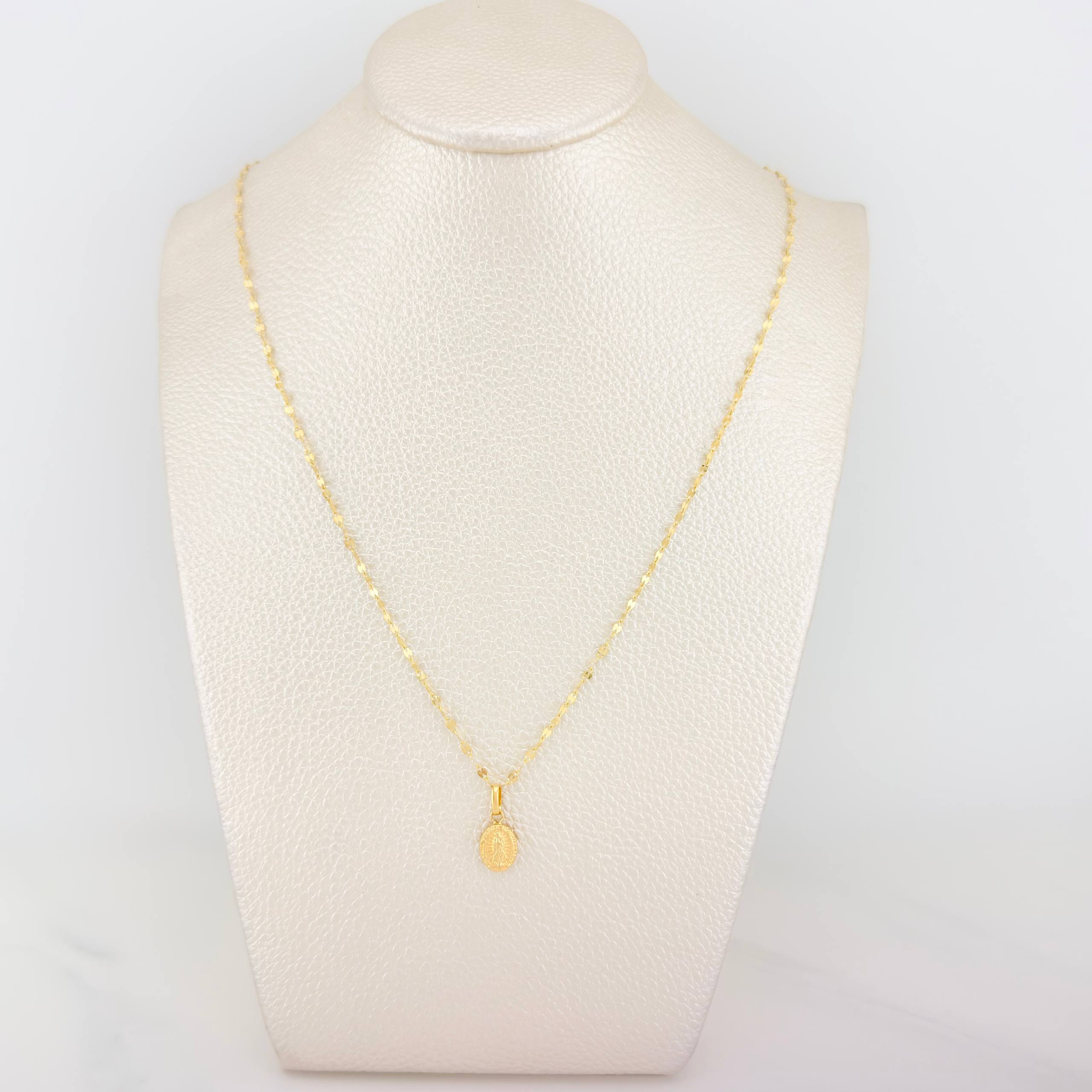 Set Cadena Flor Espejo + Dije Virgen Guadalupe / 1.3gr / 45 cm Oro Amarillo 18K