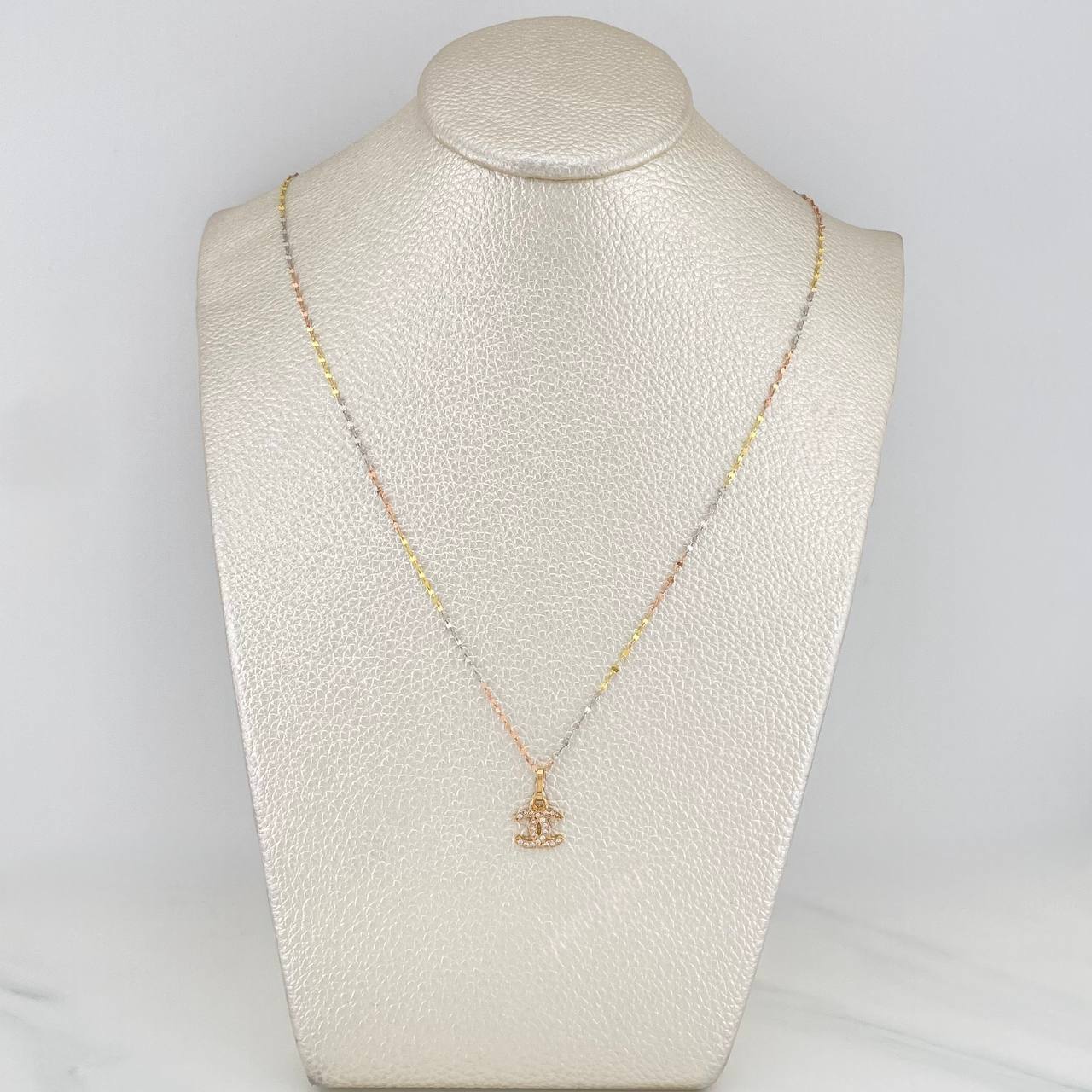 Set Cadena Flor Espejo + Dije Ola Cruzada / 1.3gr / 45 cm Tres Oros 18K