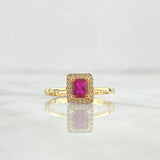 Anillo Solitario Halo Rectangular 2.55gr / T7 / Circones Blancos Fucsia Oro Amarillo 18K ©