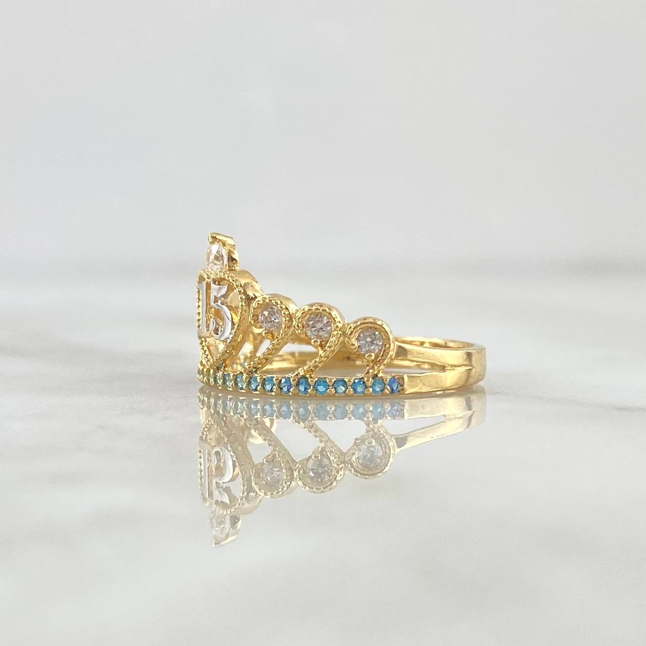 Anillo Corona Corazón 15s 2.5gr / T6 1/4 / Circones Blancos Azul Celeste Oro Amarillo 18K ©