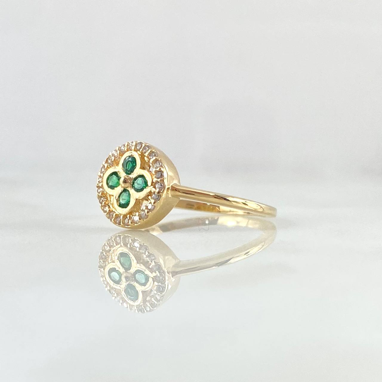Anillo Flor Sello 2.65gr / T7 1/2 / Circones Blancos Verdes Oro Amarillo 18K
