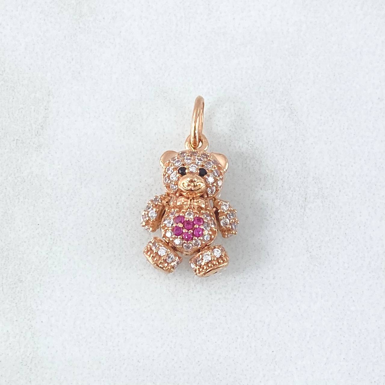 Dije Oso 2.35gr / 2cm / Circones Blancos - Fucsias - Ojos Negros Oro Rosa 18K