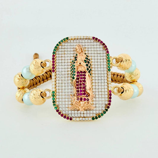 Pulsera Tejida Virgen Guadalupe Dos Oros Amarillo Rosa 18K