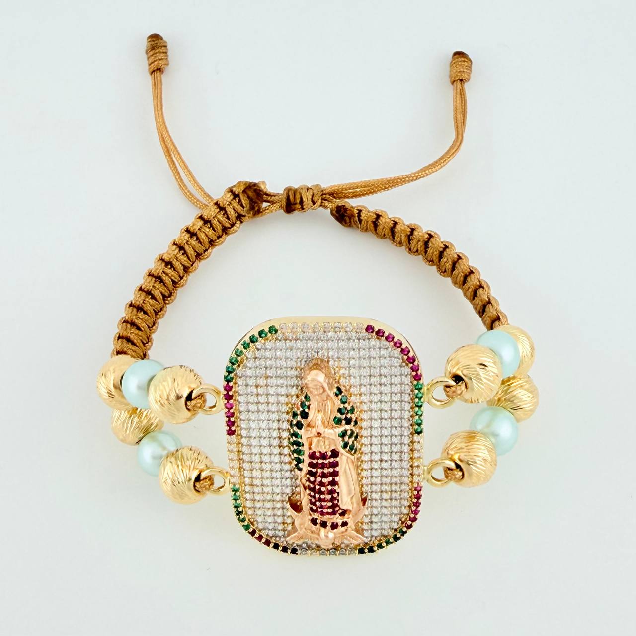 Pulsera Tejida Virgen Guadalupe Dos Oros Amarillo Rosa 18K