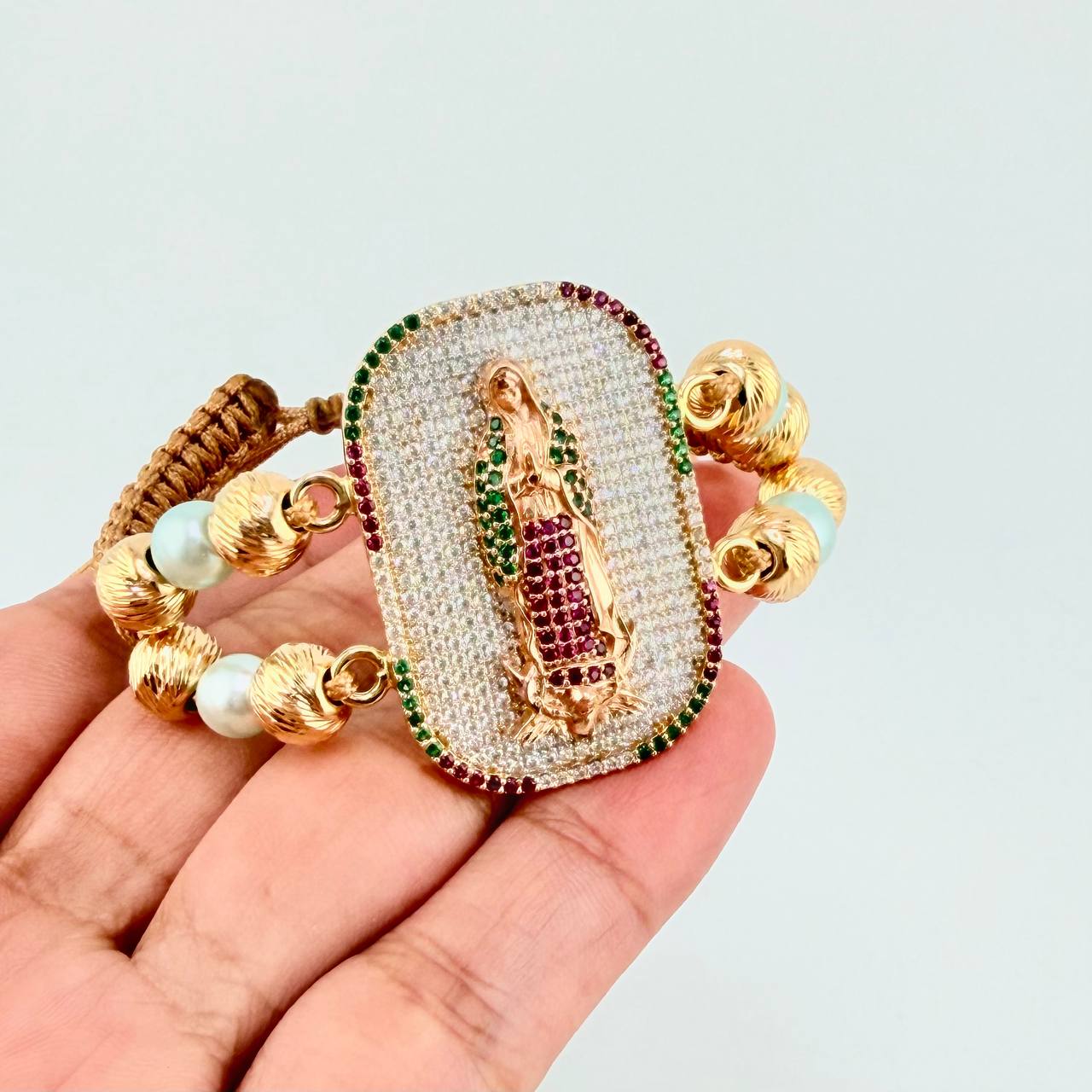 Pulsera Tejida Virgen Guadalupe Dos Oros Amarillo Rosa 18K