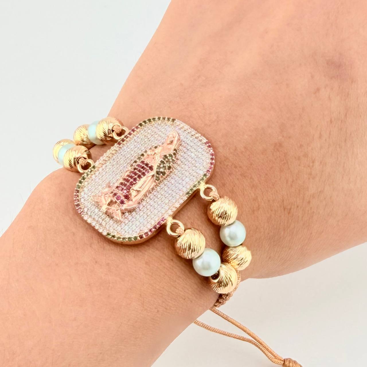 Pulsera Tejida Virgen Guadalupe Dos Oros Amarillo Rosa 18K