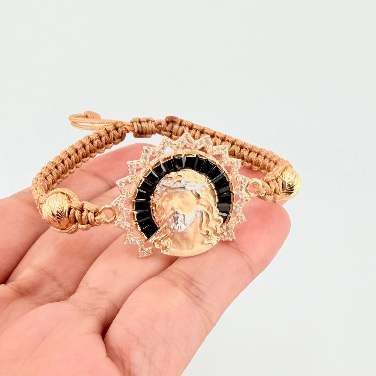 Pulsera Tejida Cristo Dos Oros Amarillo Blanco 18K
