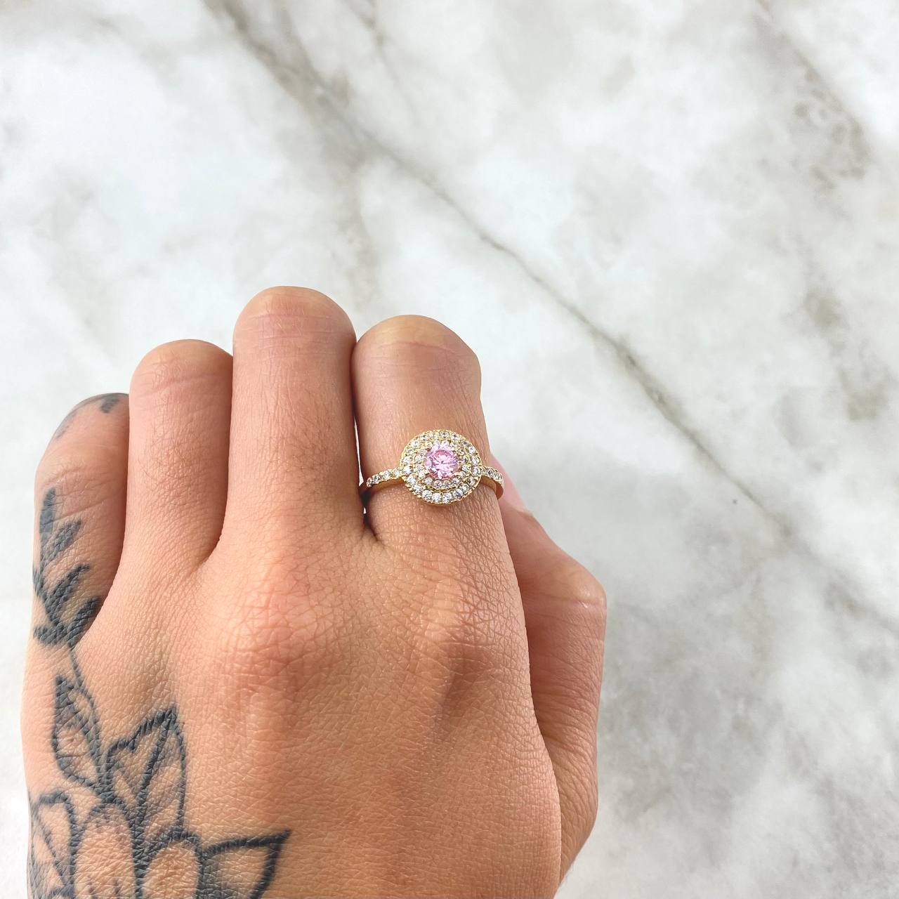 Anillo Halo Tupido 3.75gr / T6 1/2 / Circones Blancos Rosado Oro Amarillo 18K