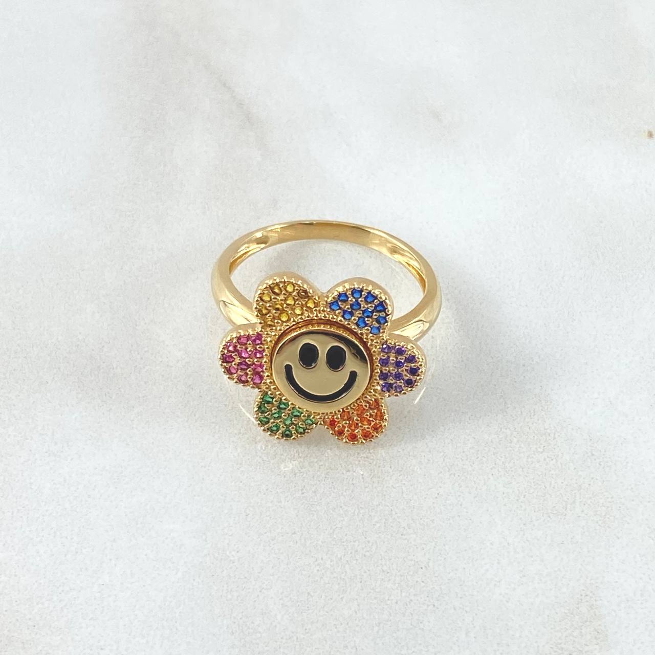 Anillo Flor Cara Feliz Movil 5.1gr / T7 3/4 / Multicolor Oro Amarillo 18K