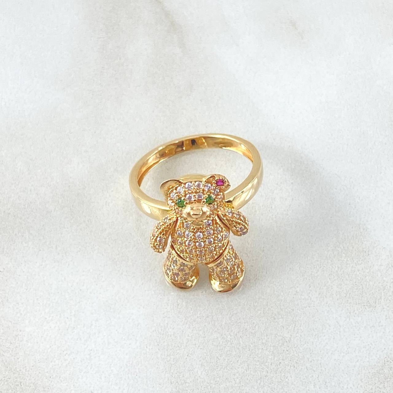 Anillo Oso Articulado 6.05gr / T6 1/4 / Circones Blancos Verdes Fucsia Oro Amarillo 18K