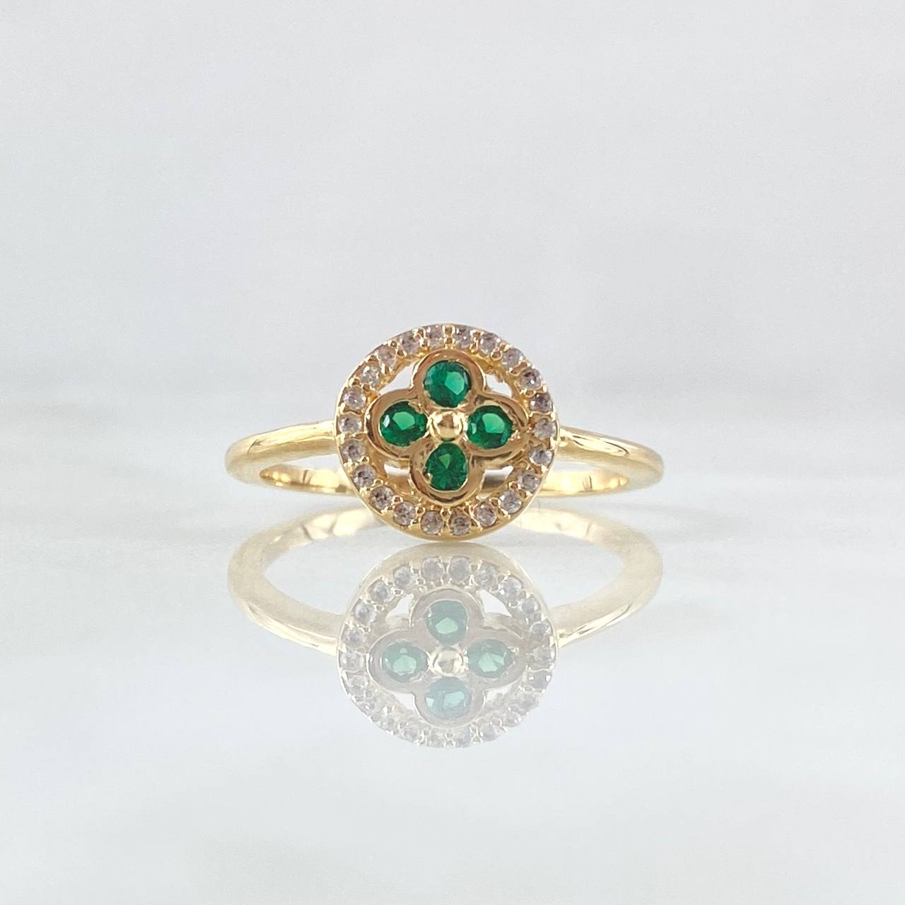 Anillo Flor Sello 2.65gr / T7 1/2 / Circones Blancos Verdes Oro Amarillo 18K