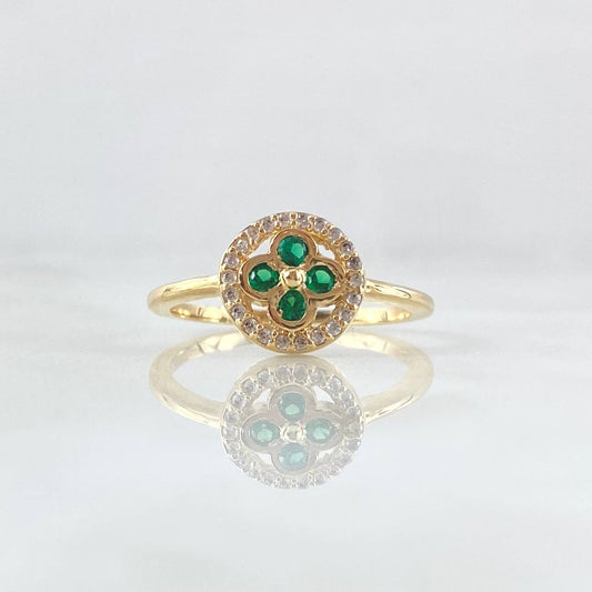 Anillo Flor Sello 2.65gr / T7 1/2 / Circones Blancos Verdes Oro Amarillo 18K