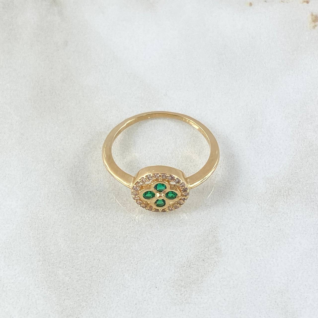 Anillo Flor Sello 2.65gr / T7 1/2 / Circones Blancos Verdes Oro Amarillo 18K