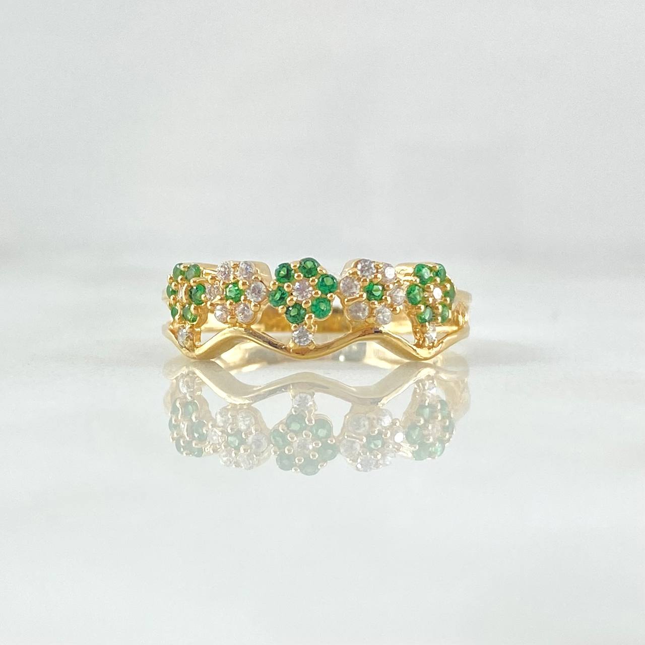 Anillo Flores 2.7gr / T7 1/4 / Circones Blancos Verdes Oro Amarillo 18K