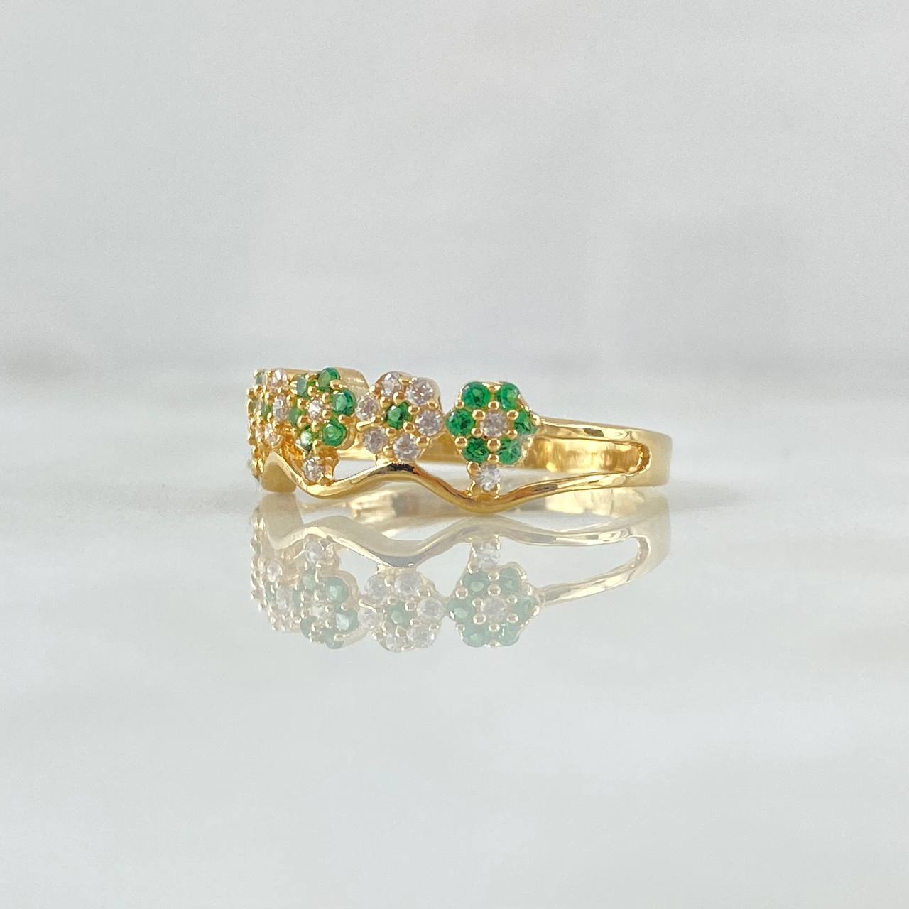Anillo Flores 2.7gr / T7 1/4 / Circones Blancos Verdes Oro Amarillo 18K
