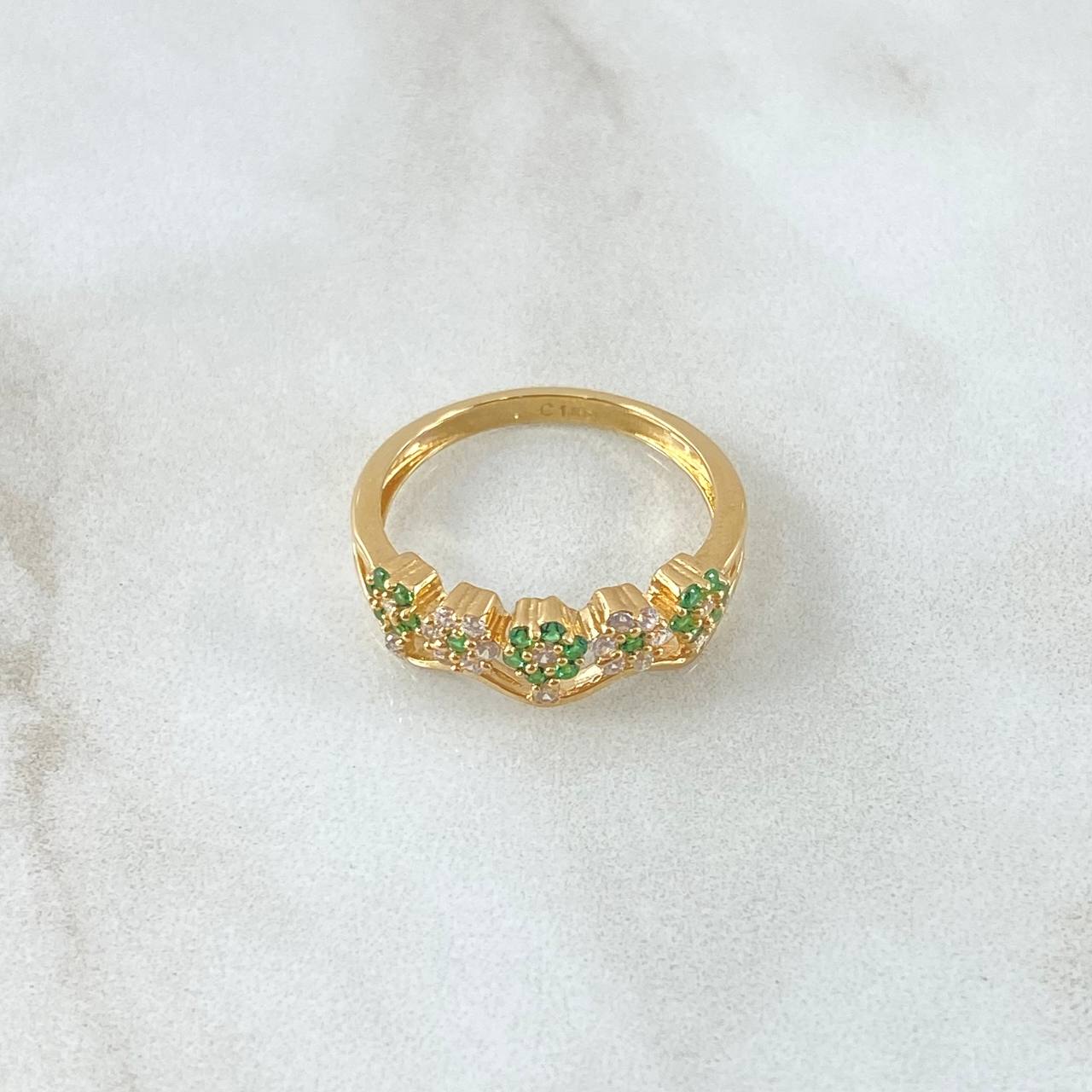 Anillo Flores 2.7gr / T7 1/4 / Circones Blancos Verdes Oro Amarillo 18K