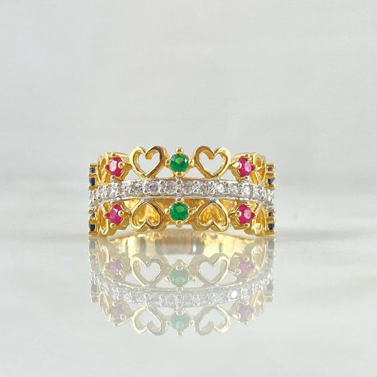 Anillo Corazones Dobles Intercaldos 4.05gr / T6 3/4 / Multicolor Dos Oros Amarillo Blanco 18K