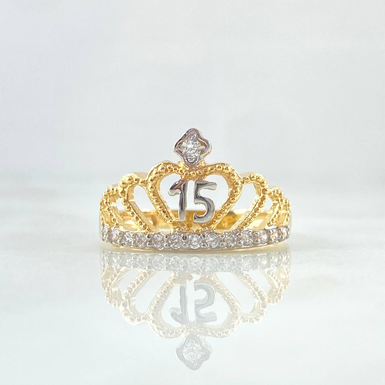 Anillo Corona 15s 3.65gr / T8 1/2 / Circones Blancos Oro Amarillo 18K