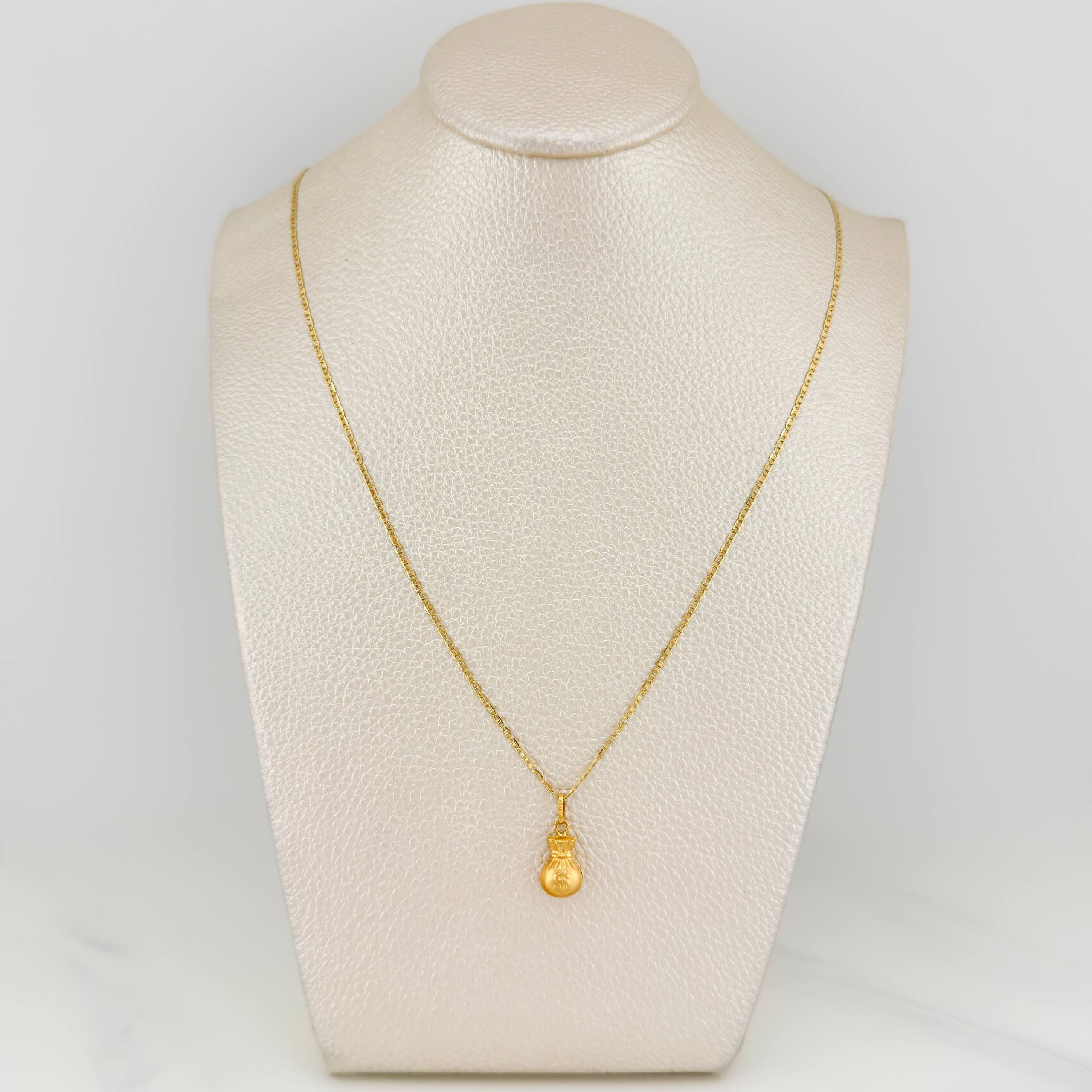 Set Cadena Escalera Plana + Dije Bolsa De Dinero / 2.1gr / 50 cm Tres Oros 18K