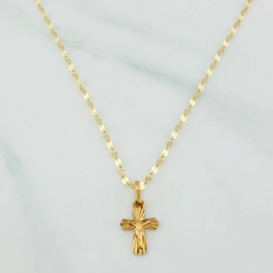 Set Cadena Flor Espejo + Dije Cruz Cristo / 1.35gr / 45.5 cm Oro Amarillo 18K